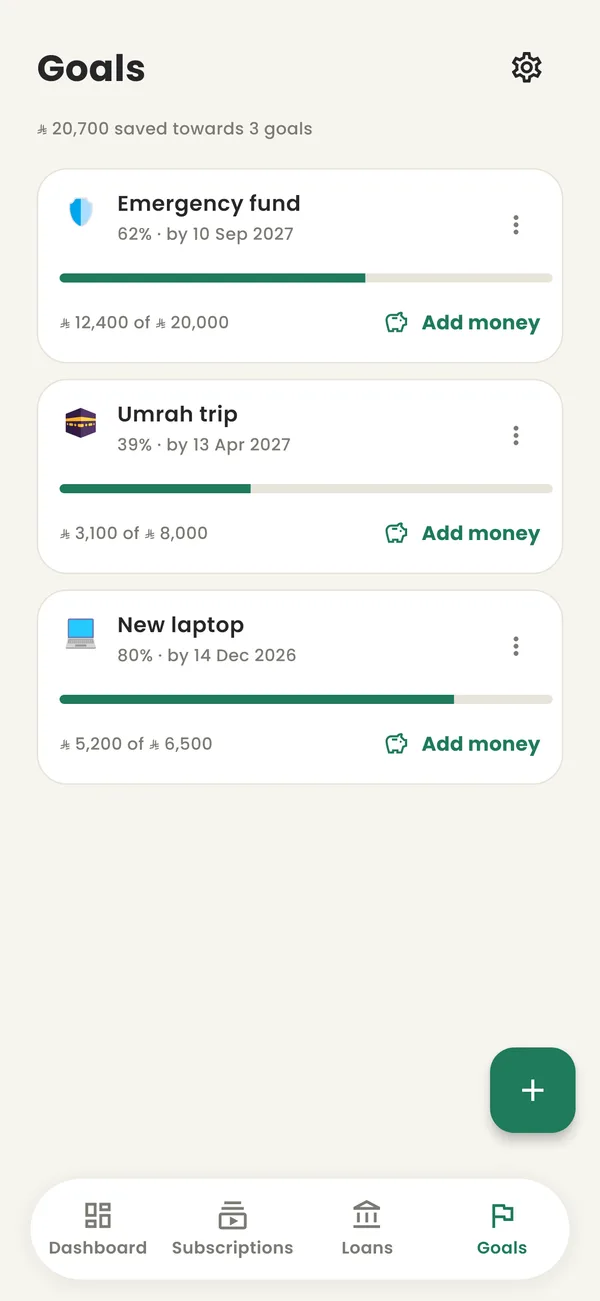 The savings goals screen with progress toward each goal